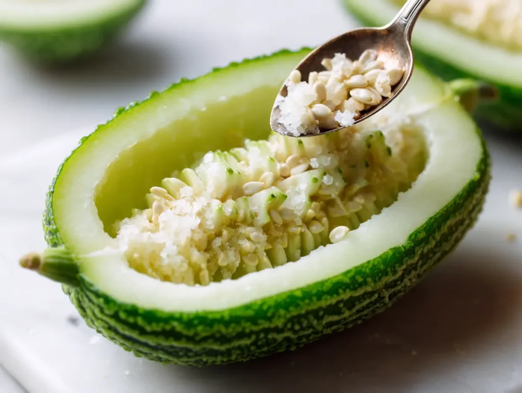 Halved bitter melon with seeds being removed by spoon on white marble cutting board for bitter melon tea recipe step 1