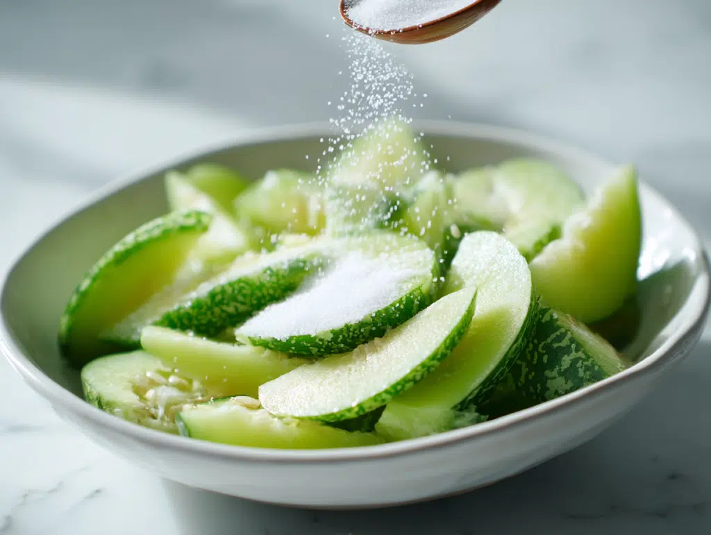 Bitter melon slices in white bowl being salted for optional debittering step in bitter melon tea recipe step 2