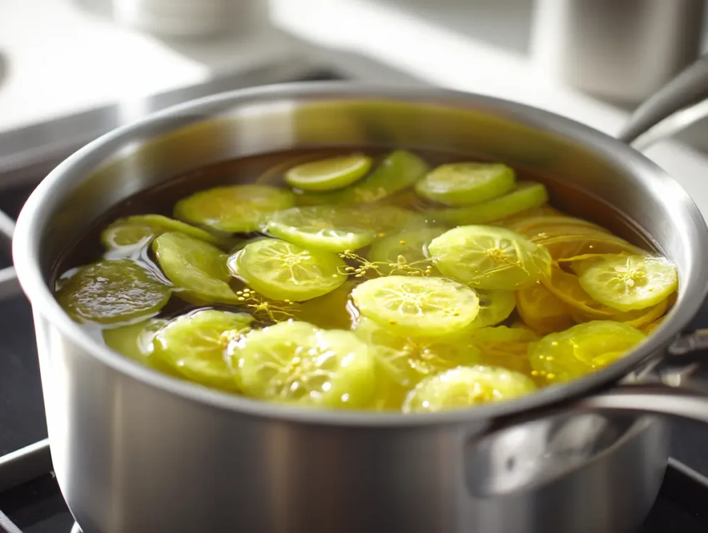 Bitter melon slices and ginger simmering in stainless saucepan on stovetop for bitter melon tea recipe step 3