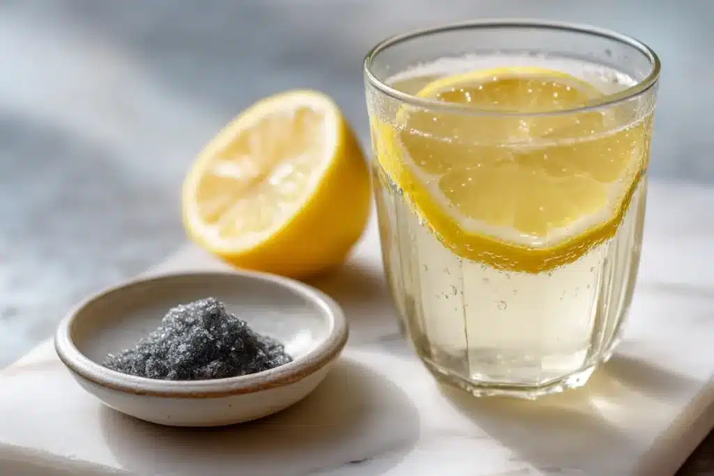 Black salt lemon water weight loss drink in clear glass with lemon slice and pinch of kala namak on white marble