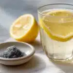 Black salt lemon water weight loss drink in clear glass with lemon slice and pinch of kala namak on white marble
