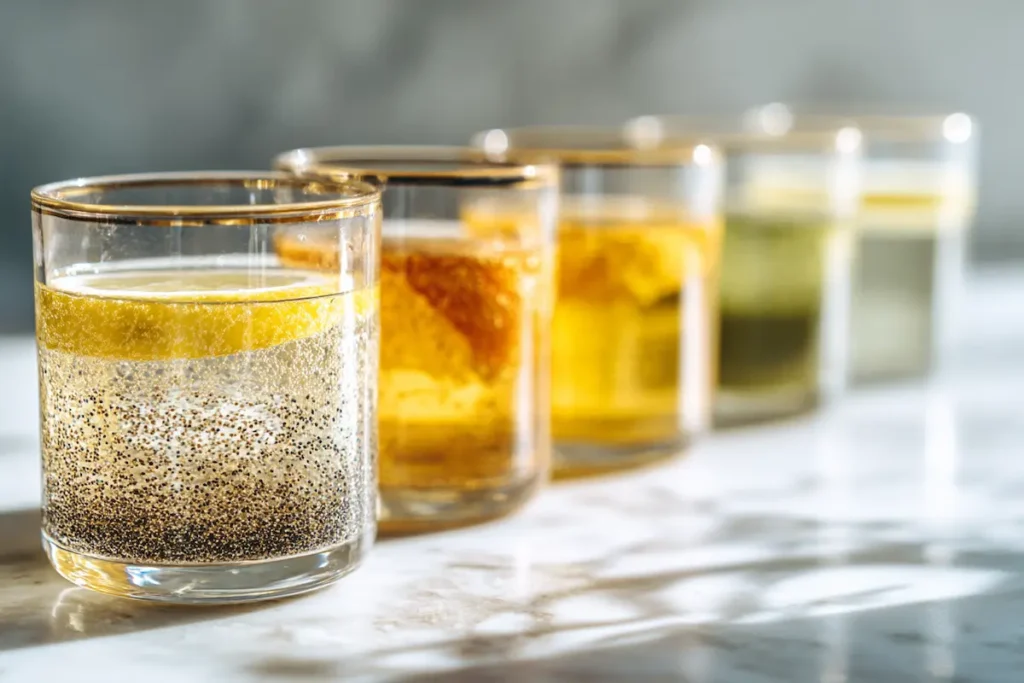 Black salt lemon water weight loss versus other morning drinks five glasses lined up white marble