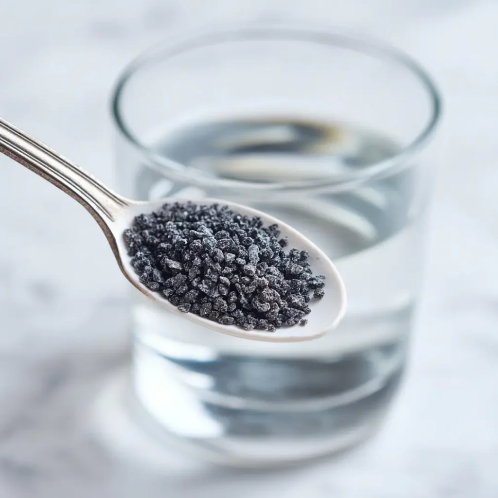 Black salt lemon water weight loss close-up kala namak granules dark grey on white ceramic spoon