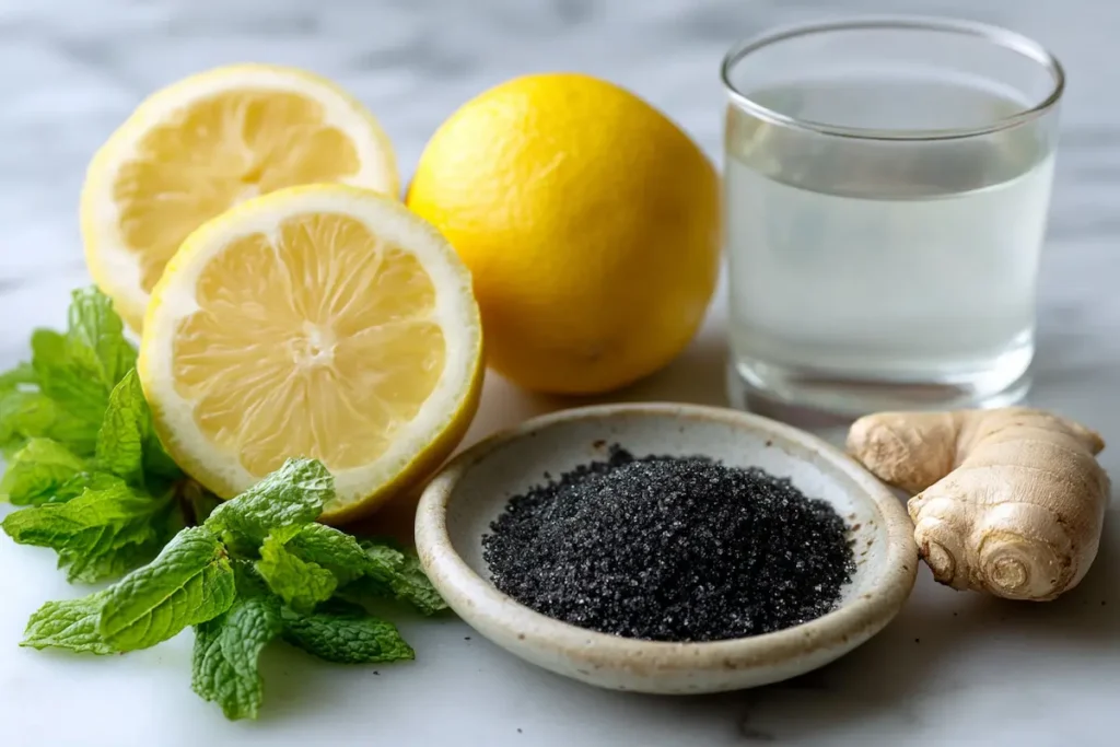 Black salt lemon water weight loss ingredients flat lay fresh lemon halved kala namak salt ginger mint on white marble