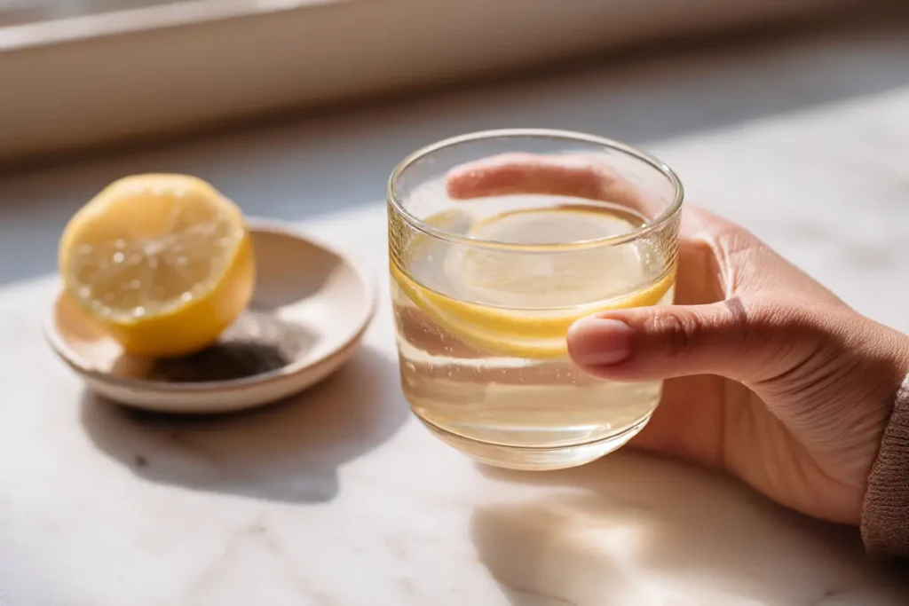 Black salt lemon water weight loss step 5 sipping warm drink from clear glass morning routine white marble