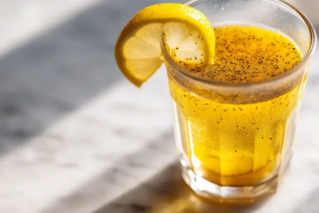 Black salt lemon water weight loss turmeric glow version deep golden drink in clear glass with black pepper pinch