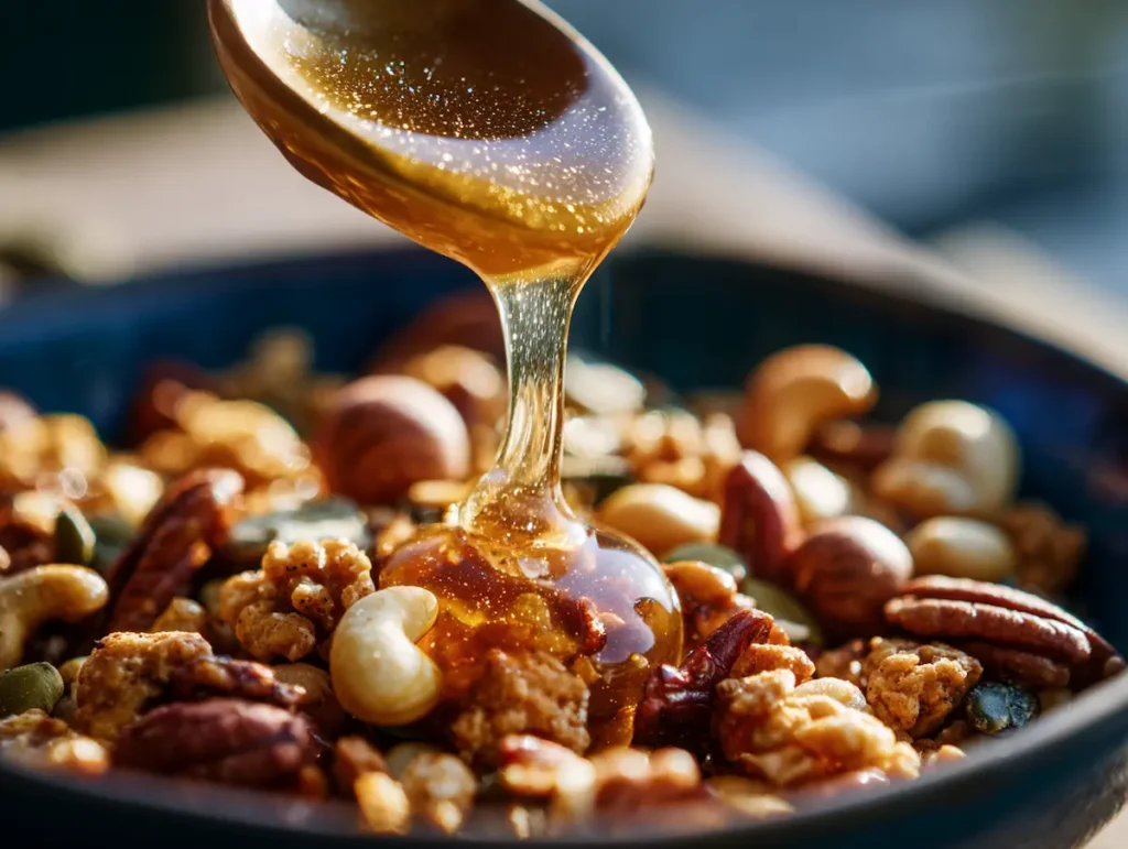 honey being drizzled over boy kibble recipe snack mix