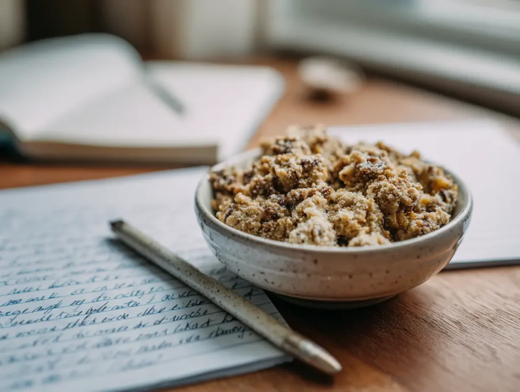 small bowl of boy kibble recipe next to question cards