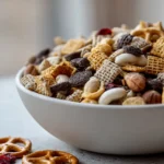 large white bowl filled with colorful boy kibble recipe snack mix on light counter