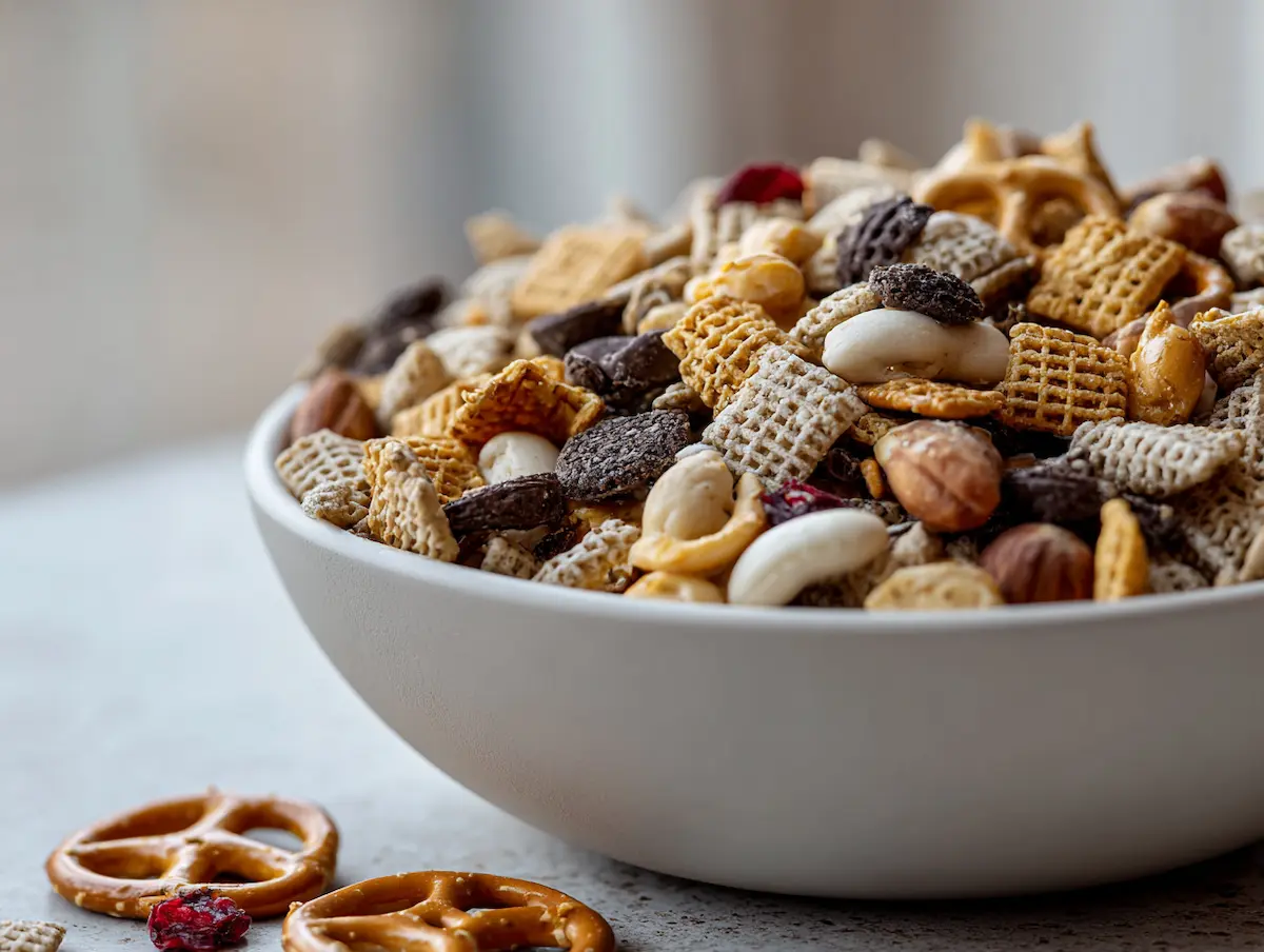 large white bowl filled with colorful boy kibble recipe snack mix on light counter