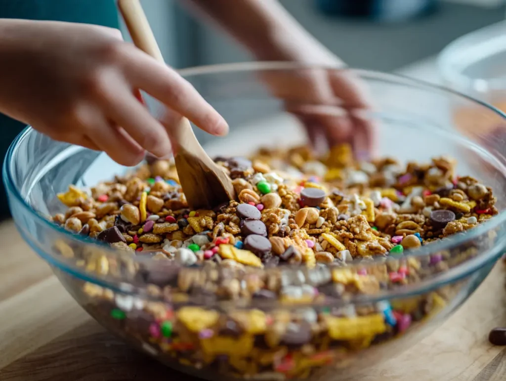 hands tossing boy kibble recipe mix in large bowl