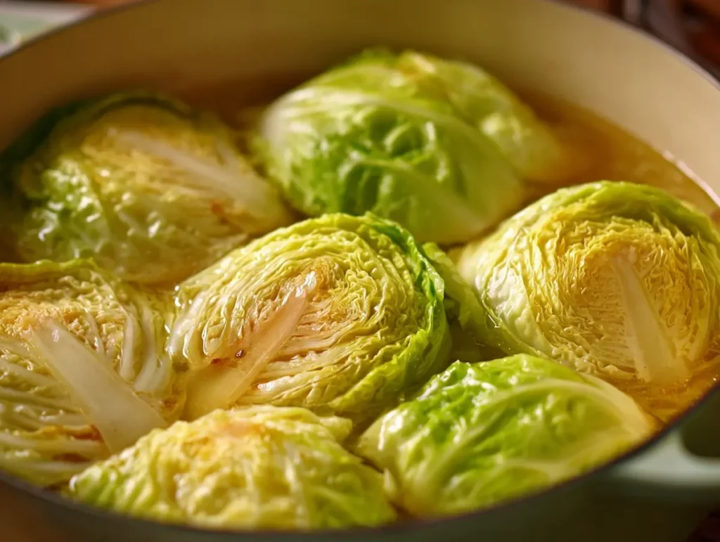 cabbage wedges simmering in corned beef and cabbage recipe broth