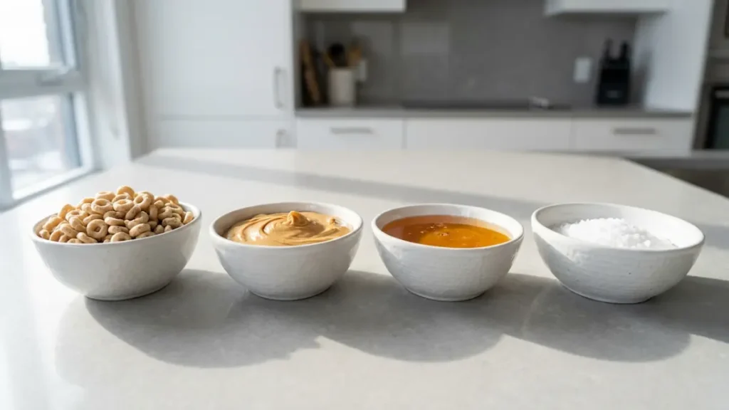 Cereal bar recipe ingredients in white bowls: cereal, peanut butter, honey, and salt.