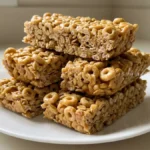 Homemade cereal bar recipes stacked on a white plate showing golden peanut butter layers.