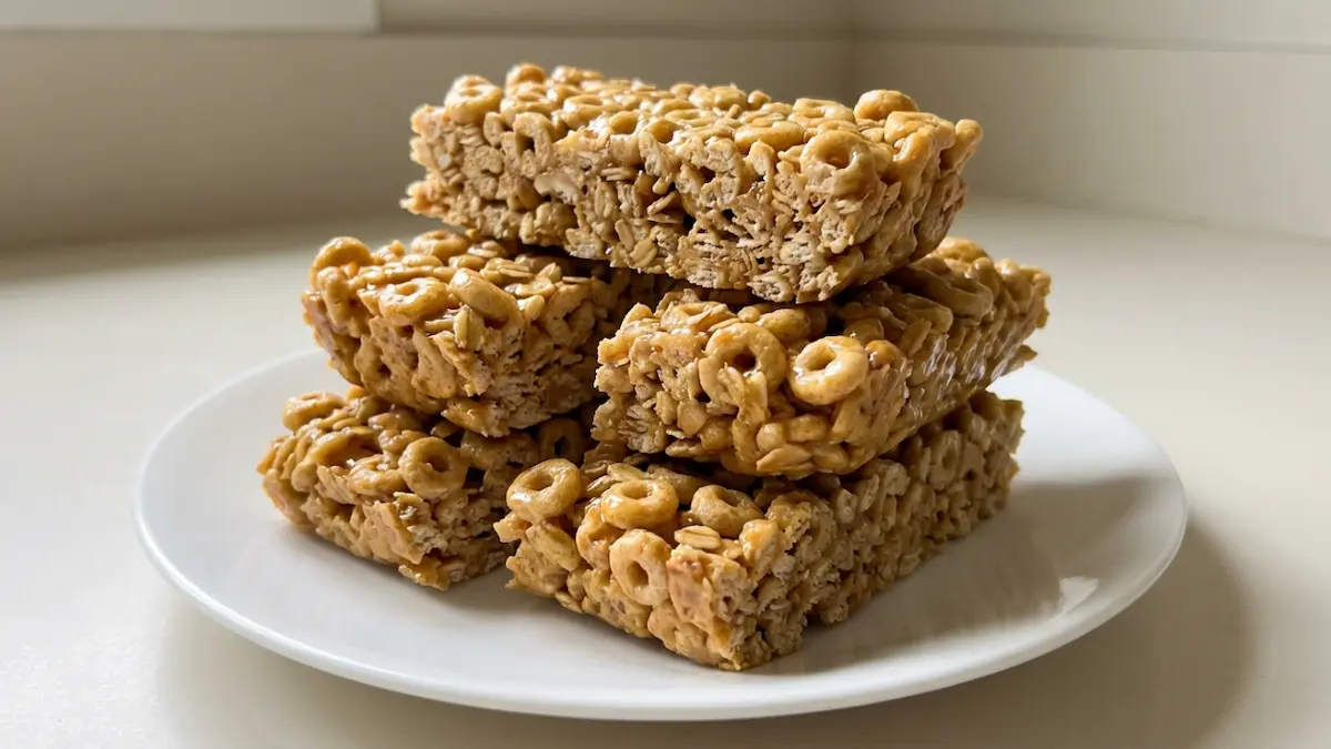 Homemade cereal bar recipes stacked on a white plate showing golden peanut butter layers.