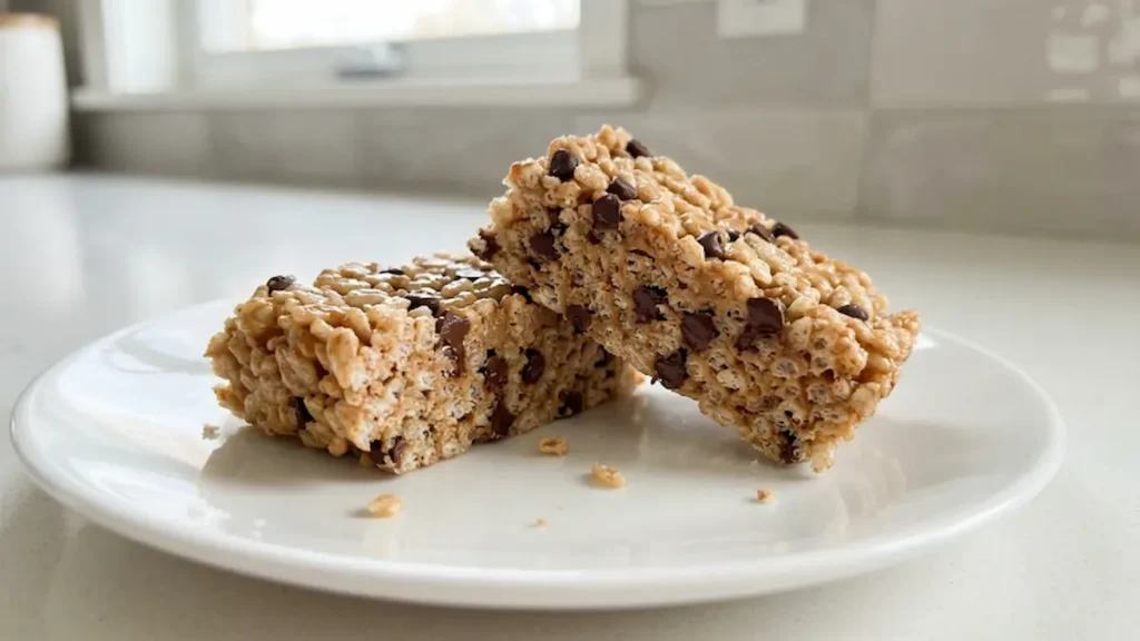 Chocolate chip almond butter cereal bar recipe with Rice Krispies on white plate.