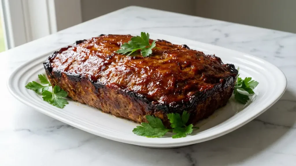 Whole best classic meatloaf recipe on serving platter with caramelized glaze