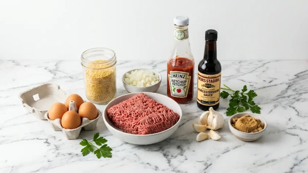 Ingredients for best classic meatloaf recipe laid out on marble surface