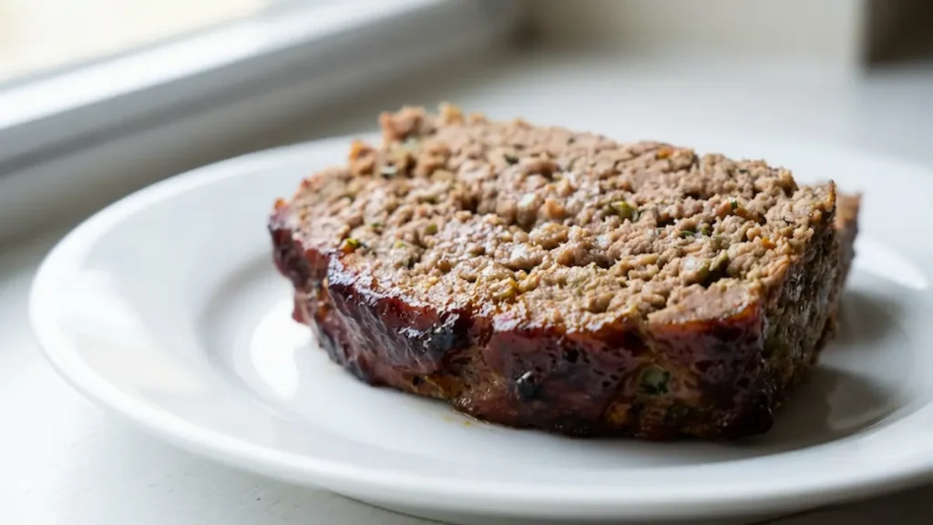 Single slice of best classic meatloaf recipe showing juicy interior and glaze