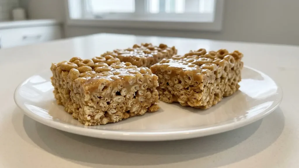 Classic peanut butter honey cereal bar recipe sliced on a white plate.