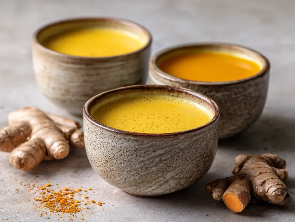 Three bowls of bone broth turmeric ginger showing different methods