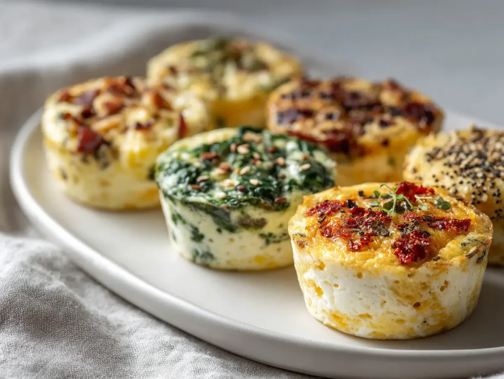 five cottage cheese egg bites flavor variations displayed on small plates including bacon gruyere spinach feta and everything bagel