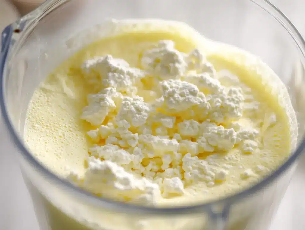 cottage cheese egg bites blended mixture in blender showing smooth pale yellow liquid texture