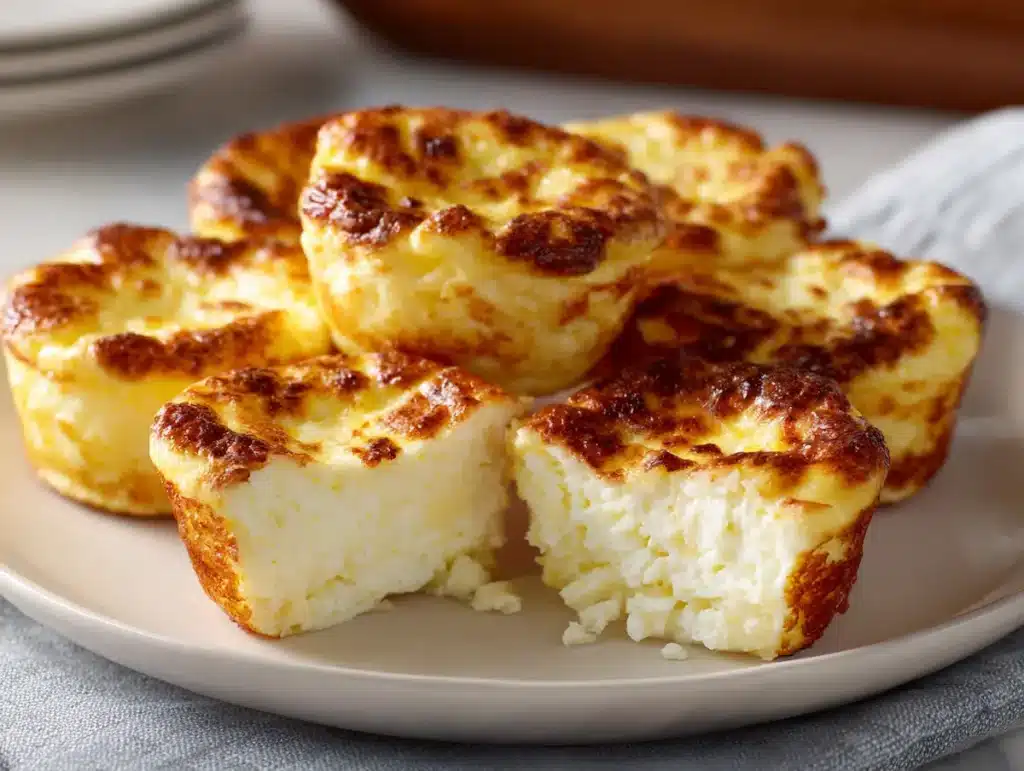 fluffy cottage cheese egg bites on white ceramic plate showing golden tops and creamy interior