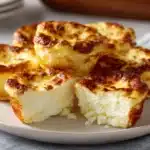 fluffy cottage cheese egg bites on white ceramic plate showing golden tops and creamy interior