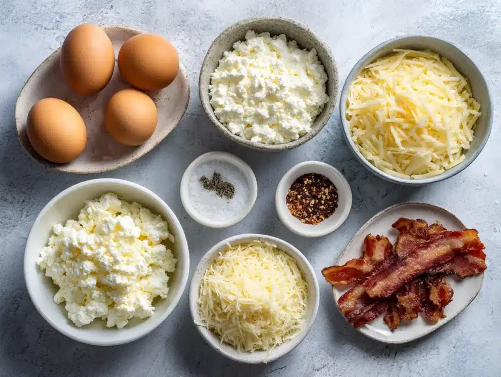 cottage cheese egg bites ingredients including eggs cottage cheese shredded gruyere and crumbled bacon on light surface