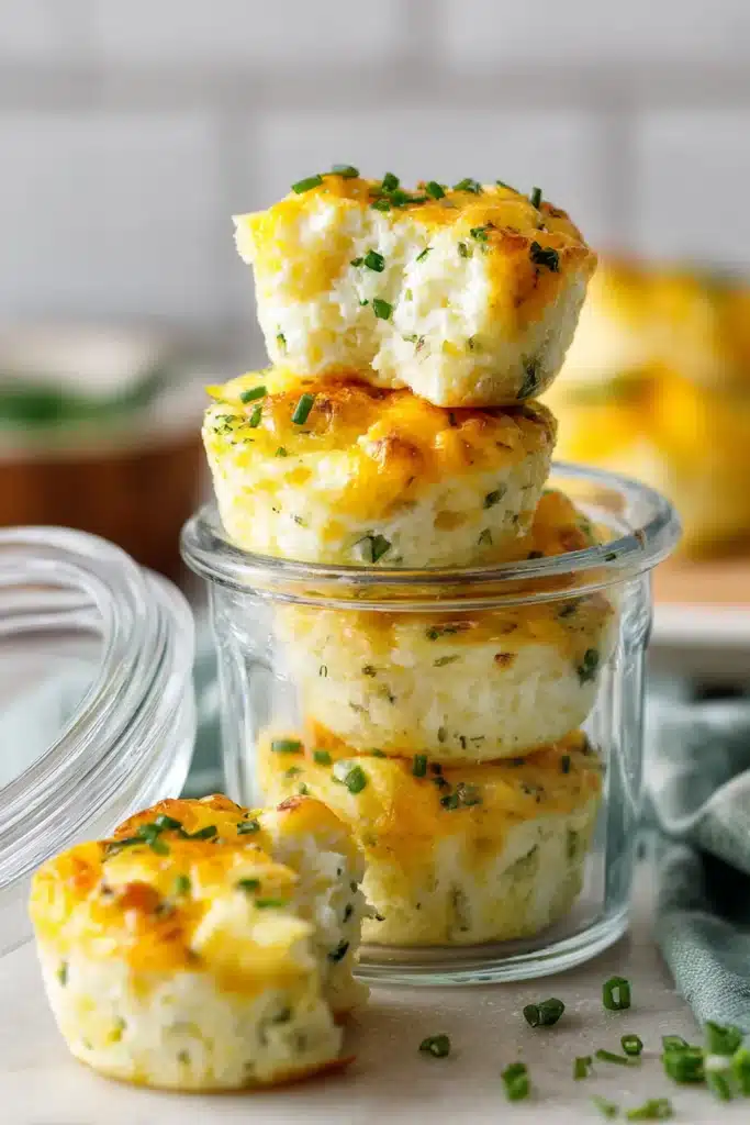 cottage cheese egg bites in glass meal prep container showing six bites stored for the week