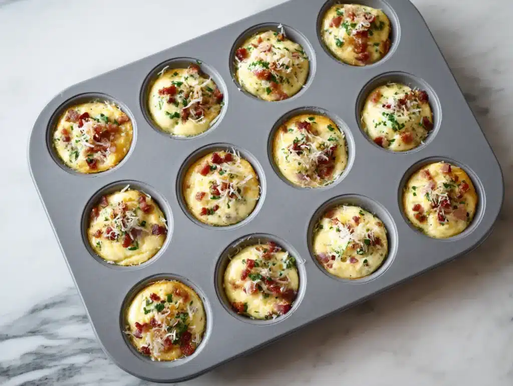 cottage cheese egg bites mixture poured into silicone muffin tin with bacon and cheese visible before baking