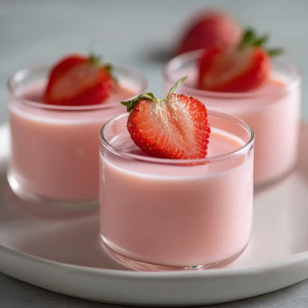  creamy strawberry jello served in small glass dessert cups on white ceramic plate with strawberry garnish on top