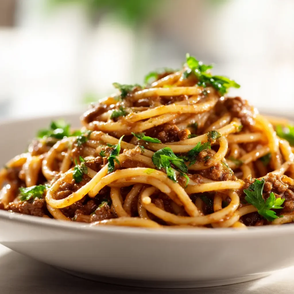 Close-up of dirty spaghetti twirled in a white bowl with brown meat sauce