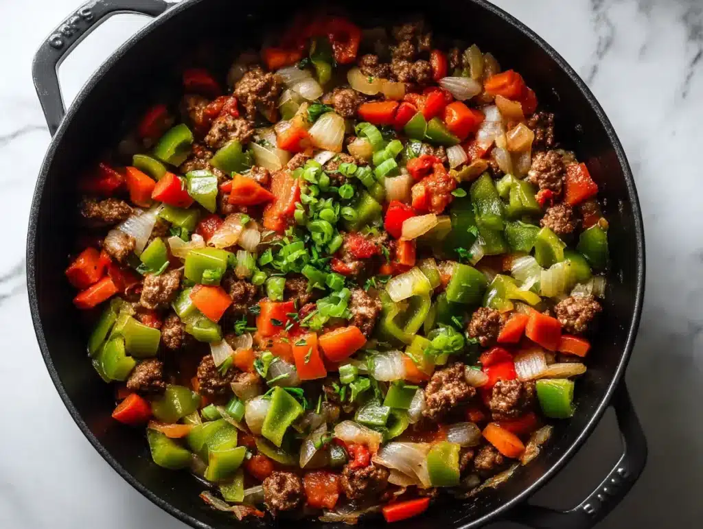 Browned ground beef and sausage with onion, bell pepper and celery in a Dutch oven