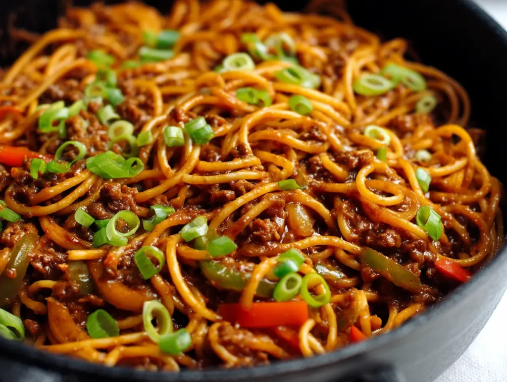 Finished dirty spaghetti in a Dutch oven topped with green onions