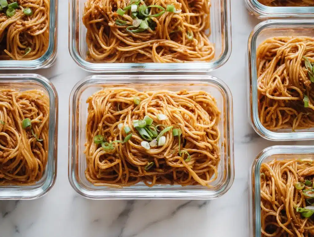 Dirty spaghetti packed into glass meal prep containers on white marble