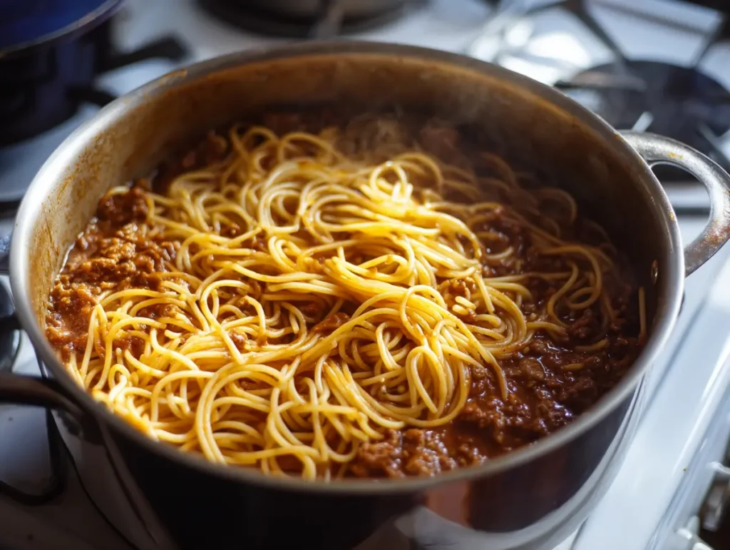 Spaghetti simmering in brown meat gravy in one pot for dirty spaghetti recipe