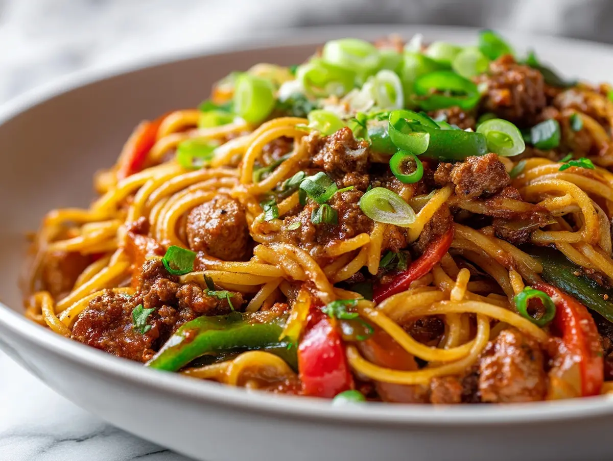 Dirty spaghetti recipe in a white bowl with brown meat sauce and green onions
