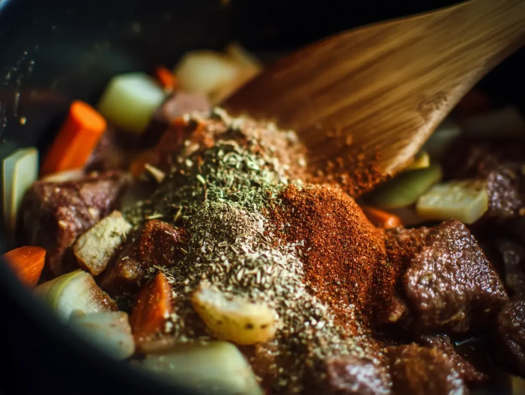 Italian and brown gravy seasonings being stirred into browned meat and vegetables for dirty spaghetti