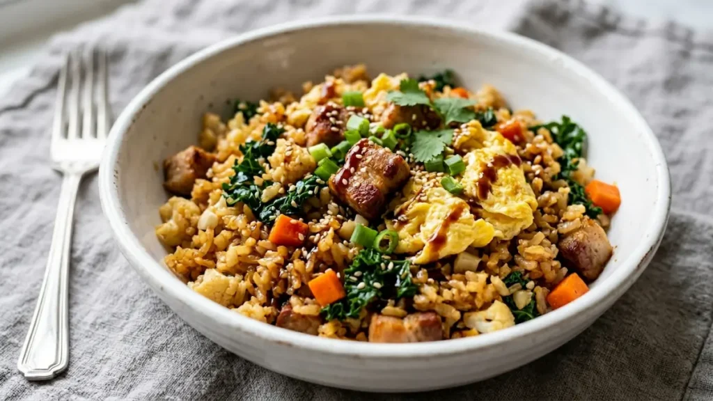 Dr Casey Means weight loss recipe pork cauliflower fried rice in white ceramic bowl on marble