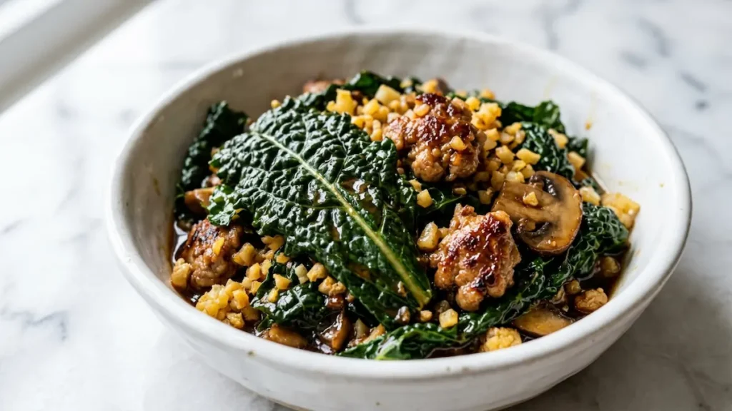 Dr Casey Means weight loss recipe close-up kale mushrooms cauliflower rice metabolic health bowl