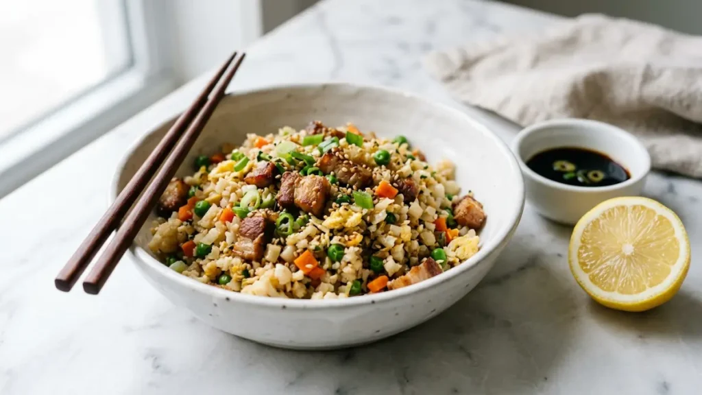 Dr Casey Means weight loss recipe pork cauliflower fried rice overhead ingredients bowl white background