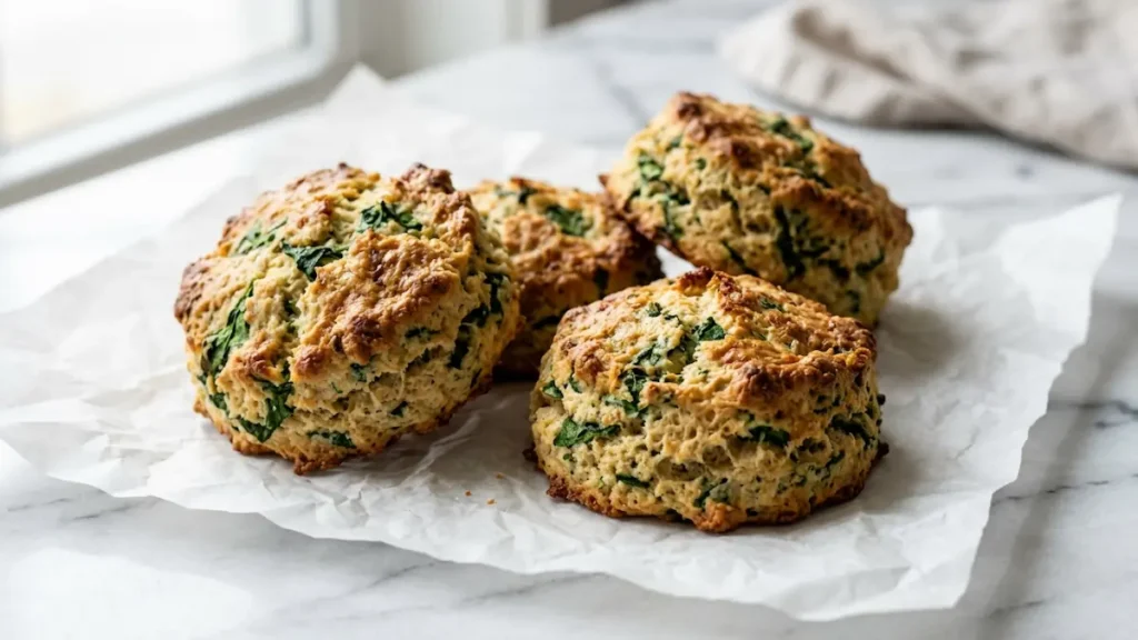 Dr Casey Means weight loss recipe breakfast biscuits almond flour spinach golden baked on white surface