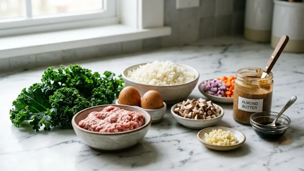 Dr Casey Means weight loss recipe ingredients ground pork cauliflower kale eggs tamari on white marble