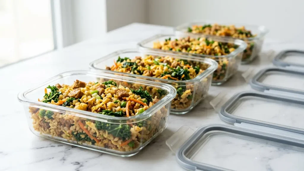 Dr Casey Means weight loss recipe meal prep glass containers pork cauliflower rice kale four portions