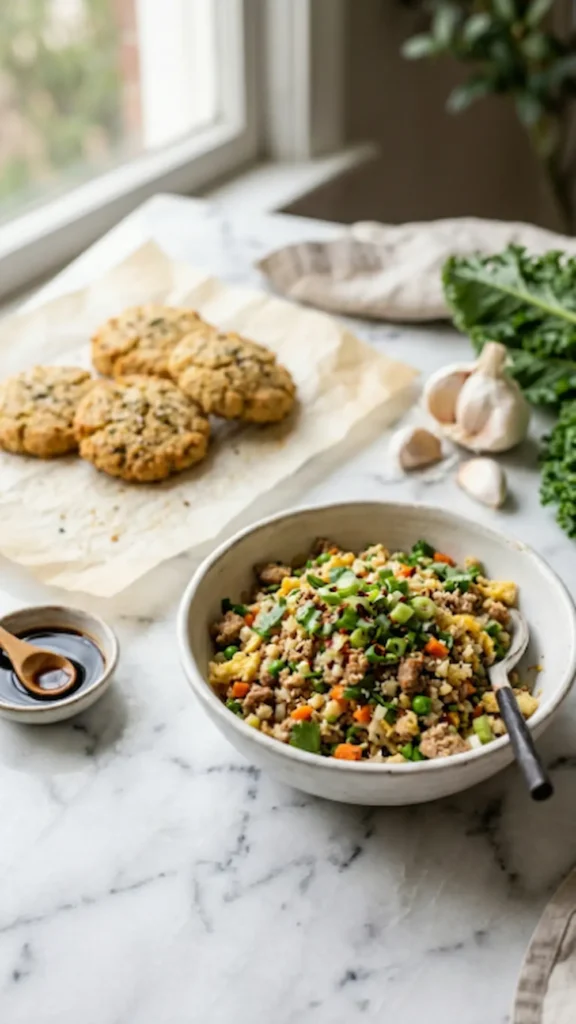 Dr. Casey Means weight loss recipe full spread pork cauliflower rice breakfast biscuits on marble