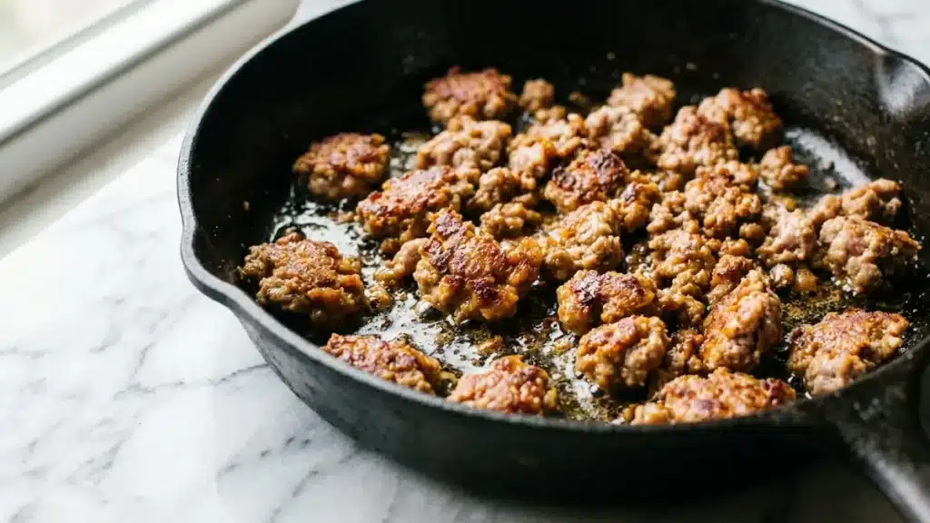 Dr Casey Means weight loss recipe ground pork browning in cast iron skillet golden crust