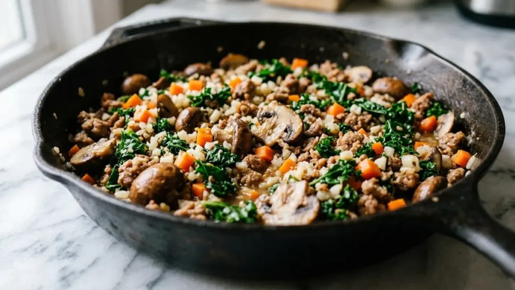 Dr Casey Means weight loss recipe mushrooms cauliflower rice kale carrot cooking in skillet