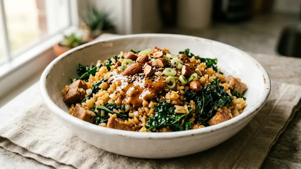 Dr Casey Means weight loss recipe finished pork cauliflower fried rice plated white bowl tamari drizzle